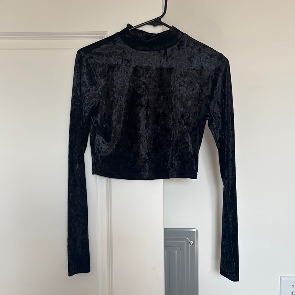 BP Black Crop Fitted Blouse with Mandarin Collar